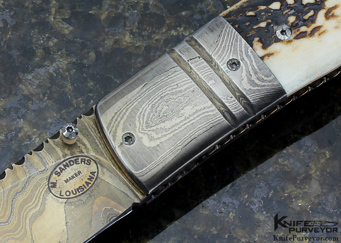 Mike Sanders Custom Knife Stag and Gold Anodized Damascus Linerlock