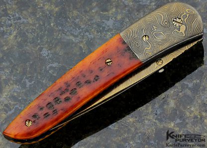 Rick Dunkerley Custom Knife with Blued Sole Authorship Damascus and Jigged Bone Linerlock - Image 3