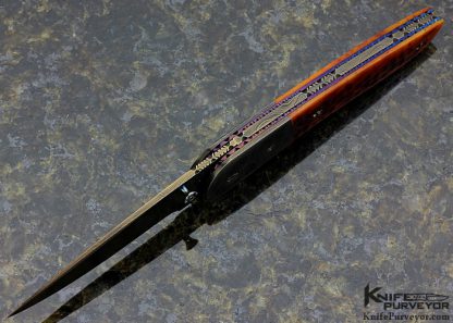 Rick Dunkerley Custom Knife with Blued Sole Authorship Damascus and Jigged Bone Linerlock - Image 4