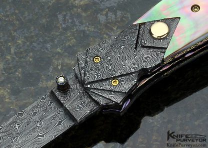 Mark W Steinbrecher Custom Knife Auto with Fluted Damascus and Black Lip Tahitian Pearl Shell Linerlock - Image 2