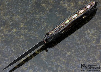 Mark W Steinbrecher Custom Knife Auto with Fluted Damascus and Black Lip Tahitian Pearl Shell Linerlock - Image 4