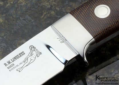Bob Loveless Custom Knife Double Nude Logo Green Canvas Micarta with Stainless Steel Escutcheon "Field and Stream" - Image 2
