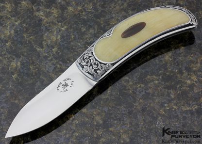 Steve Hoel Custom Knife Ram's Horn with Black Buffalo Horn Escutcheon Interframe Lockback Engraved by Bruce Christensen