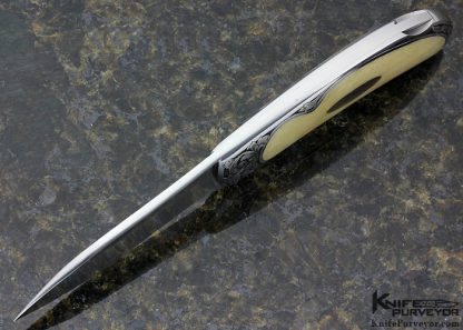 Steve Hoel Custom Knife Ram's Horn with Black Buffalo Horn Escutcheon Interframe Lockback Engraved by Bruce Christensen - Image 5