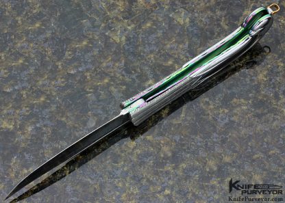 Stephen Olszewski Custom Knife Carved Damasteel and Stainless Steel with Black Lip Tahitian Pearl Shell Inlay "Tulip" Linerlock - Image 6