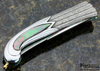 Stephen Olszewski Custom Knife Carved Damasteel and Stainless Steel with Black Lip Tahitian Pearl Shell Inlay "Tulip" Linerlock - Image 4