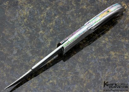 Stephen Olszewski Custom Knife Carved Damasteel and Stainless Steel with Black Lip Tahitian Pearl Shell Inlay "Tulip" Linerlock - Image 5