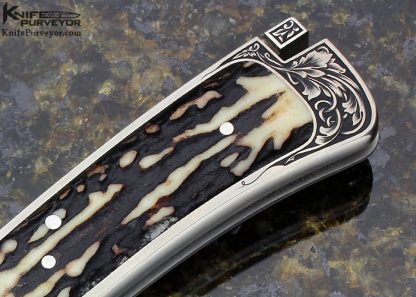 Ron Lake Custom Knife Stag Titanium Interframe Boot Blade Tail Lock Engraved by Ron Skaggs - Image 4