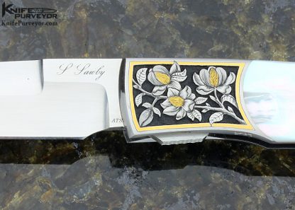 Scott Sawby Custom Knife Mother of Pearl Shell Self Lock Engraved by Marian Sawby - Image 2