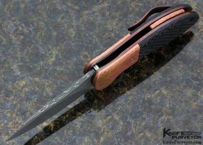 Eric Ochs Custom Knife "Vines & Roses" Damascus, Carbon Fiber & Hammered Copper Peregrine Flipper - Image 5