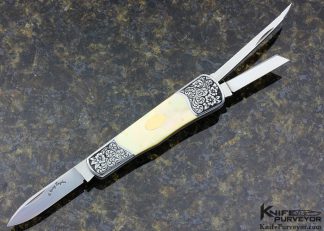 C. Gray Taylor Custom Knife Simon Lytton Engraved 3 Bladed Slipjoint with South Sea Gold Lip Pearl and 14Kt Gold Escutcheon and Pins 15747
