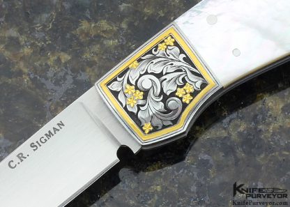 C.R. Sigman Custom Knife Julie Warenski Engraved Mother of Pearl Shell Lockback - Image 2