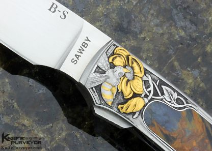 Scott Sawby Custom Knife Barrett Smythe Dan Wilkerson Engraved Pietersite Interframe "Bee Flower" Self Lock - Image 2