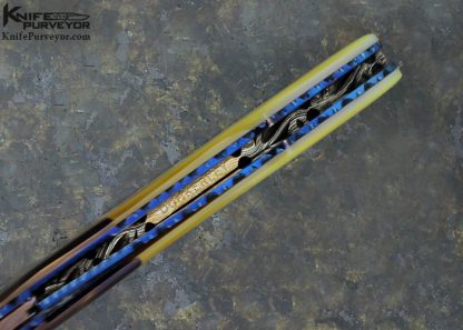 Rick Dunkerley Custom Knife Sole Authorship Blued Damascus and Gold Lip Pearl Linerlock - Image 6