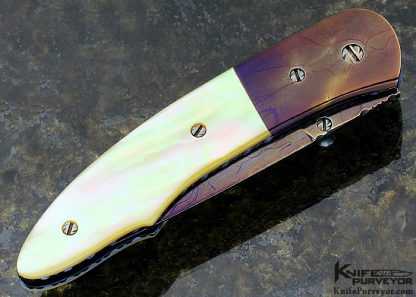 Rick Dunkerley Custom Knife Sole Authorship Blued Damascus and Gold Lip Pearl Linerlock - Image 3