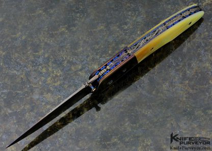 Rick Dunkerley Custom Knife Sole Authorship Blued Damascus and Gold Lip Pearl Linerlock - Image 4