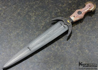 Kevin Harvey MS Custom Knife "Italian Cinquedea Dagger" Circa 1500 Replica Sole Authorship Damascus Engraving with 14 Kt Gold Inlays and Giraffe Bone