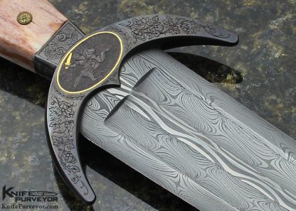Kevin Harvey MS Custom Knife "Italian Cinquedea Dagger" Circa 1500 Replica Sole Authorship Damascus Engraving with 14 Kt Gold Inlays and Giraffe Bone - Image 5