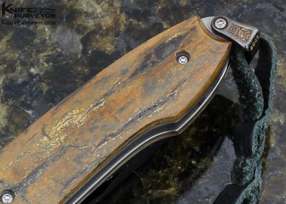 William Henry Custom Knife A.G. Russell Exclusive Mammoth Bark, Stippled Titanium and Mike Norris Raindrop Damascus with Sapphires Button Lock - Image 3