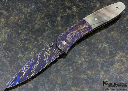 Joel Olson Custom Knife Fluted Sole Authorship Mosaic Damascus & Fluted Blacklip Pearl Linerlock