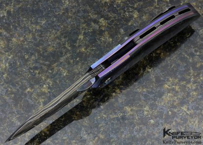 Peter Martin Custom Knife San Mai Damascus, Mokuti & Marbled Carbon Fiber Linerlock Flipper - Image 4