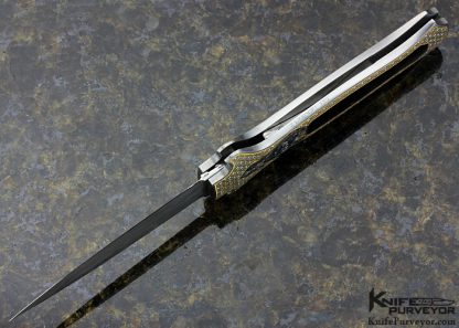 Joe Kious Custom Knife Engraved by Julie Warenski with Exotic Material Inlay and 24 Kt. Gold and 4 CTW Diamonds Front Lock Automatic - Image 9
