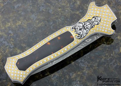 Joe Kious Custom Knife Engraved by Julie Warenski with Exotic Material Inlay and 24 Kt. Gold and 4 CTW Diamonds Front Lock Automatic - Image 4