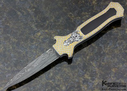 Joe Kious Custom Knife Engraved by Julie Warenski with Exotic Material Inlay and 24 Kt. Gold and 4 CTW Diamonds Front Lock Automatic