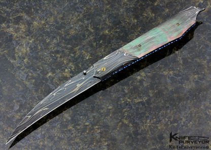Stan Wilson Custom Knife Blued Robert Eggerling Damascus & Black Lip Tahitian Pearl Shell "Mantis" Linerlock