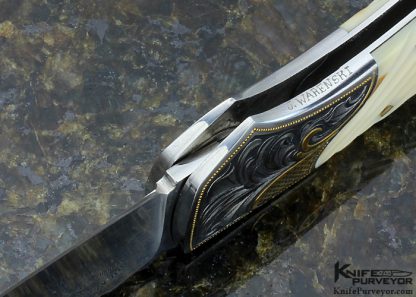 Joe Kious Custom Knife Julie Warenski Engraved Mammoth Lockback with 24Kt Gold Inlays 14Kt Gold Pins and Bale - Image 9