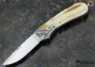 Joe Kious Custom Knife Julie Warenski Engraved Mammoth Lockback with 24Kt Gold Inlays 15737