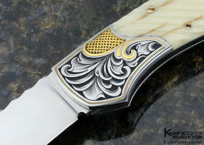 Joe Kious Custom Knife Julie Warenski Engraved Mammoth Lockback with 24Kt Gold Inlays 14Kt Gold Pins and Bale - Image 2