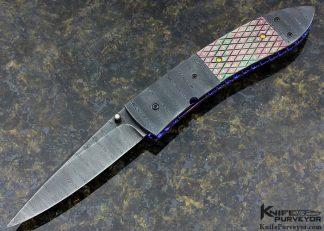 Jim Minnick Custom Knife Piqued Black Lip Pearl And Damascus Liner Lock 15826