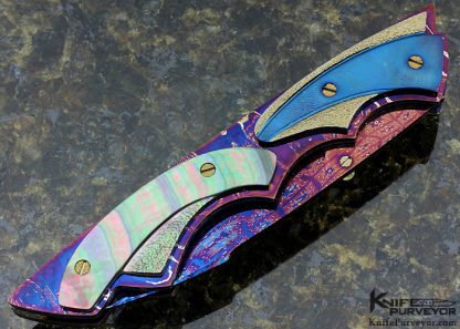 Barry Gallagher Custom Knife Stippled and Carved Anodized Titanium, Blued Mosaic Damascus and Black Lip Tahitian Pearl Shell with Gold and Jewel Inlays Linerlock - Image 4