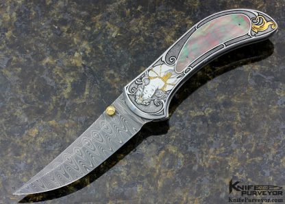 Matthew Lerch Custom Knife Damascus and Black Lip Tahitian Pearl Shell Interframe Assisted Opening Linerlock Engraved by Tim George 14758