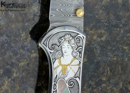 Matthew Lerch Custom Knife Damascus and Black Lip Tahitian Pearl Shell Interframe Assisted Opening Linerlock Engraved by Tim George - Image 2