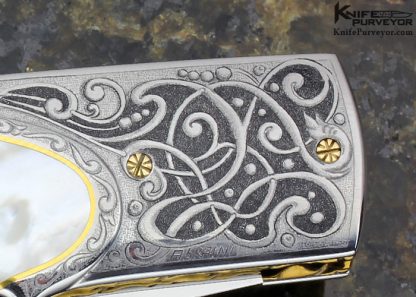 Salvatore Puddu Custom Knife "Duca" Engraved by Gianni Abraini Mother of Pearl Shell with Diamonds and Gold Inlays Lockback - Image 5