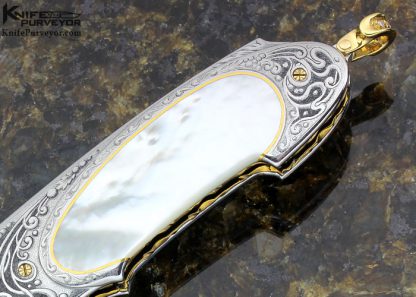 Salvatore Puddu Custom Knife "Duca" Engraved by Gianni Abraini Mother of Pearl Shell with Diamonds and Gold Inlays Lockback - Image 3