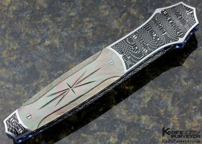 Larry Newton Custom Knife Stippled & Fluted Black Lip Tahitian Pearl and Damascus Auto Dagger - Image 3