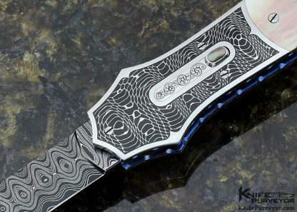 Larry Newton Custom Knife Stippled & Fluted Black Lip Tahitian Pearl and Damascus Auto Dagger - Image 2