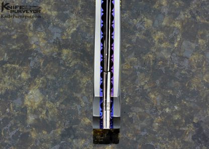 Jim and Joyce Minnick Custom Knife Art Deco Damascus and Engraved Stainless Steel Auto Linerlock with Black Lip Tahitian Pearl Shell Dagger - Image 7