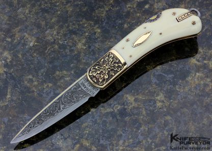 H.H. Frank Custom Knife 2007 Solvang Caper Sole Authorship Engraved 14 Kt Gold and Mammoth with 14 Kt Gold Toothpick Lockback 12490