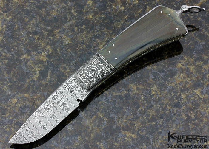 Jim Schmidt Custom Knife Sole Authorship Damascus & Crown Stag Lockback  Folder Signed (Schmidt 7/1/81 Grendell #24) - Knife Purveyor