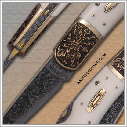 H.H. Frank's Custom Knife: 2007 Solvang Custom Knife Show Mini Caper Lockback with Sole Authorship Engraved 14 Kt Gold Bolsters, Pre-ban Elephant Ivory Scales and a 14 Kt Gold Escutcheon and Liners - Image 2