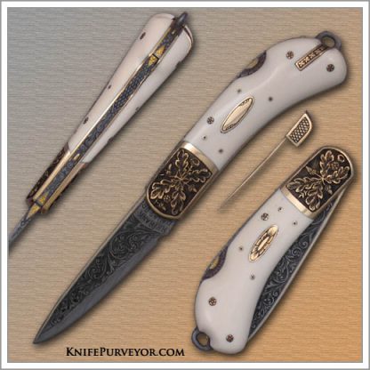 H.H. Frank's Custom Knife: 2007 Solvang Custom Knife Show Mini Caper Lockback with Sole Authorship Engraved 14 Kt Gold Bolsters, Pre-ban Elephant Ivory Scales and a 14 Kt Gold Escutcheon and Liners