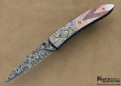 Cliff Parker Custom Knife Sole Authorship Mosaic Damascus & Carved Black Lip Tahitian Pearl Shell Linerlock