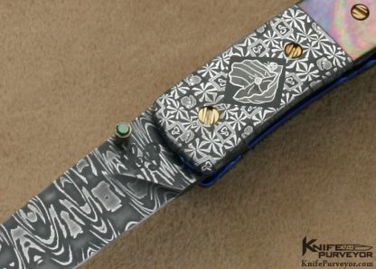 Cliff Parker Custom Knife Sole Authorship Mosaic Damascus & Carved Black Lip Tahitian Pearl Shell Linerlock - Image 2