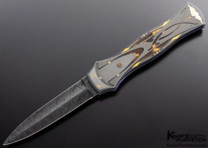 Jim Minnick Custom Knife Amber and Damascus with Engraved Blued Steel with 24Kt Gold Inlays Auto 8750 Open