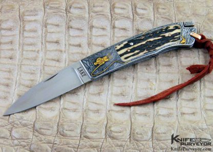 Ron Lake Custom Knife Jon Robyn Engraved "Fly Fishing" Stag Interframe Tail Lock