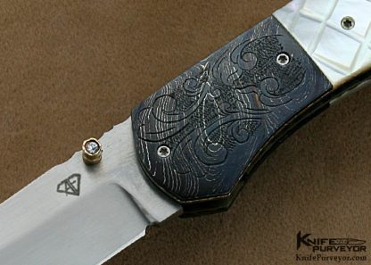 Aaron Frederick Custom Knives Sole Authorship Engraved Checkered Mother of Pearl & Damascus Linerlock - Image 2